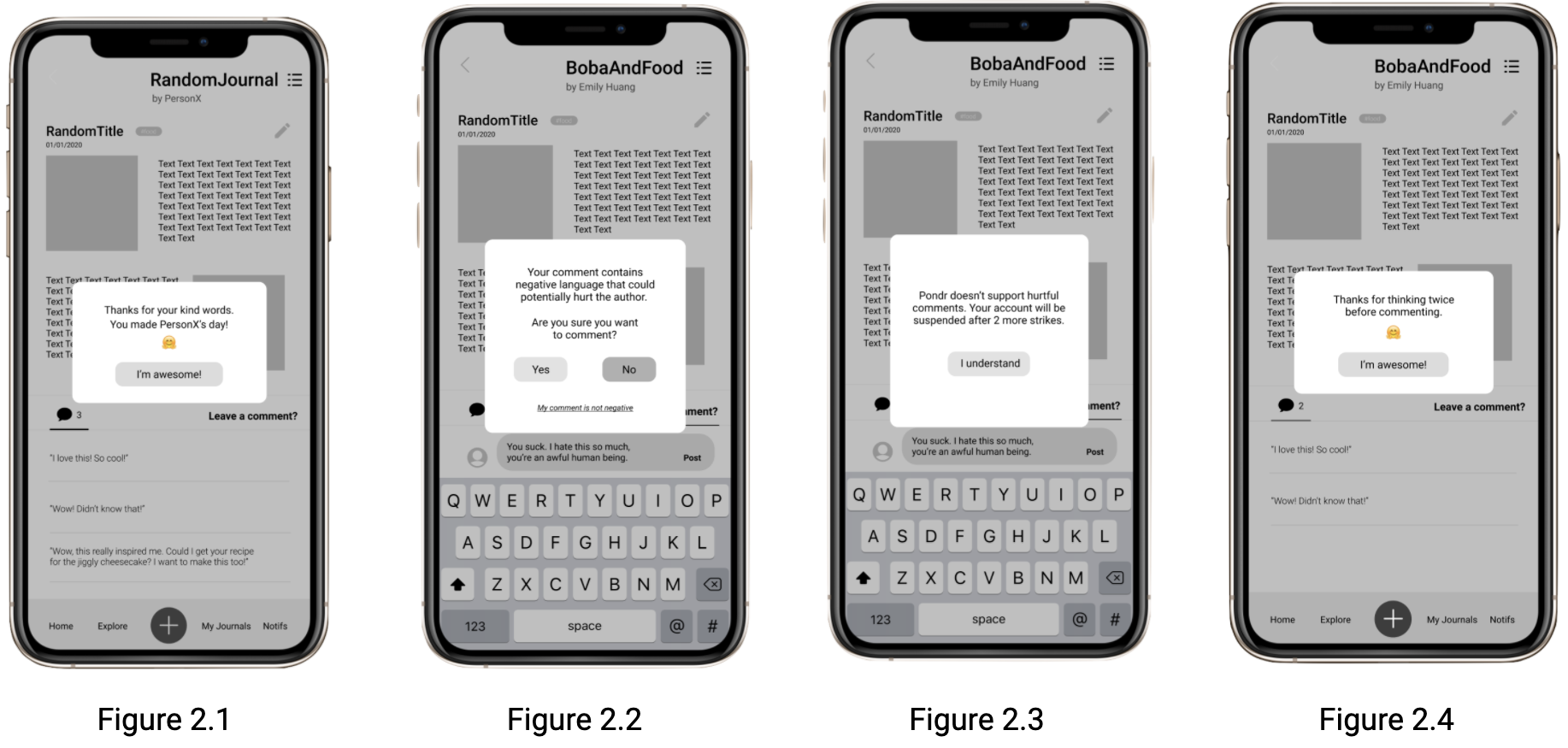 midfi prototypes depicting what happens when the app detects positive vs. negative comments